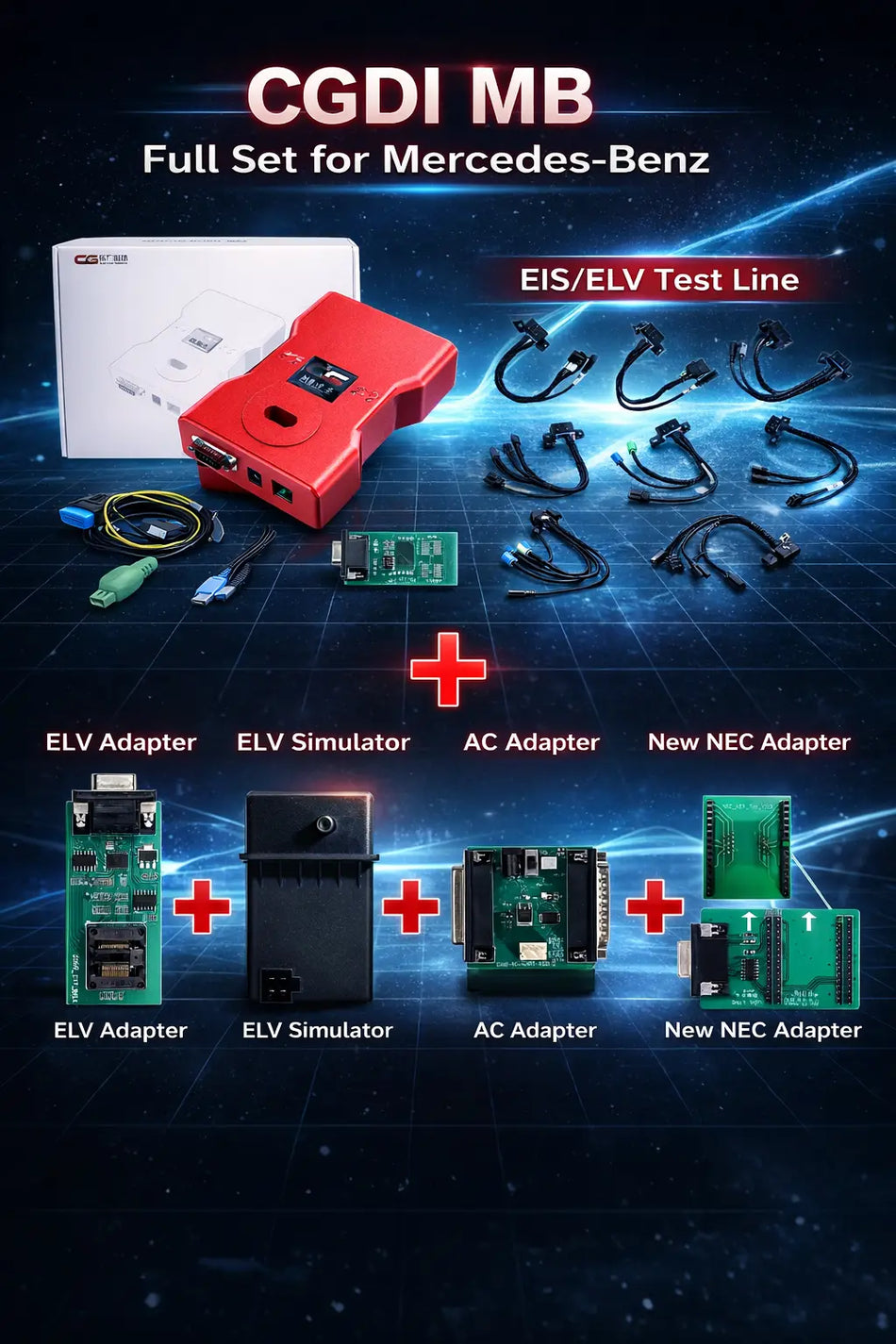 CGDI Mercedes with EIS/ELV Test Line + ELV Adapter + ELV Simulator + AC Adapter + New NEC Adapter are the most popular package for CGDI MB AUTO DIAGNOSTIC OBD2 SOFTWARES