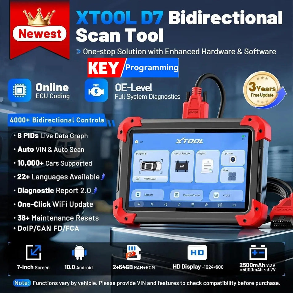 XTOOL D7 Bidirectional Scan Tool with features listed on a dark background